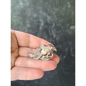 Faux Pearl Clear Rhinestone Floral Brooch Silver Tone Metal Vintage